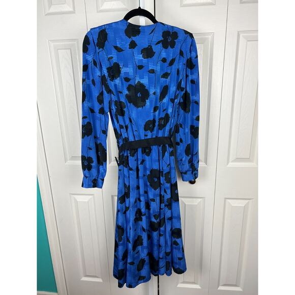 Vintage JJ Dean 90s Blue Black Floral Wide Collar Secretary Cocktail Dress Sz 8 - Picture 7 of 9